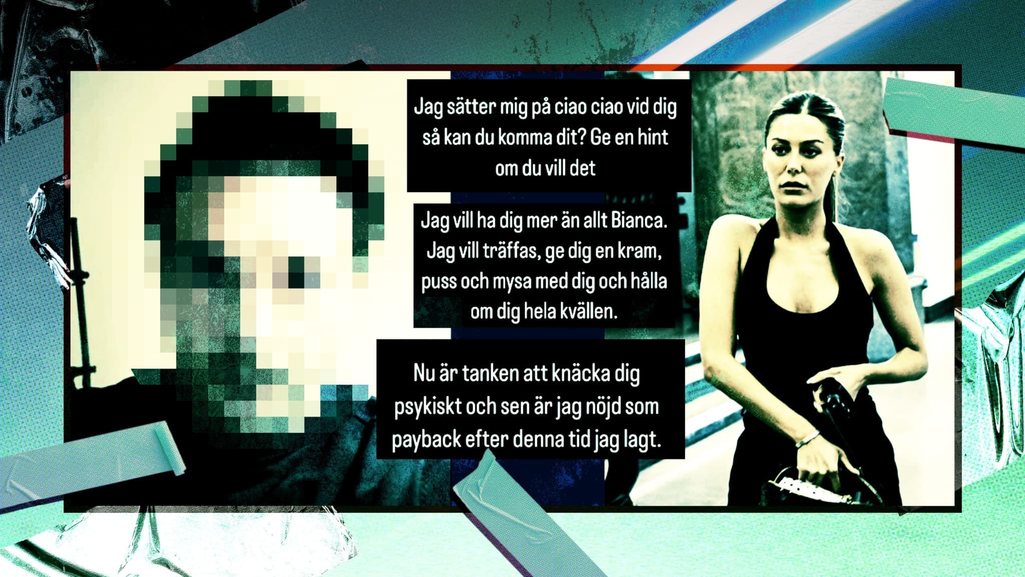 Till höger i bild, ansiktsbild framifrån på man med mörkt hår, bilden är maskad för ansiktet. Till höger i bild - Bianca Ingrosso från tingsrätten. I mitten text med meddelanden som mannen skickat till Ingrosso.