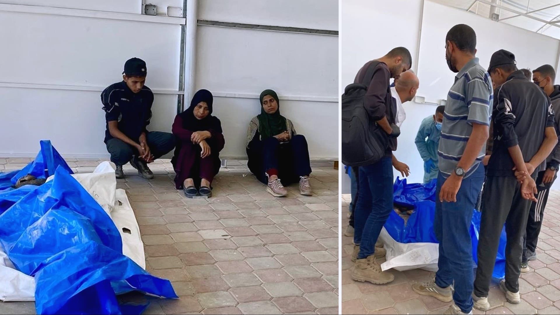 Bilder från sjukhus i Gaza visar kroppar täckta med blå presenningar på marken.