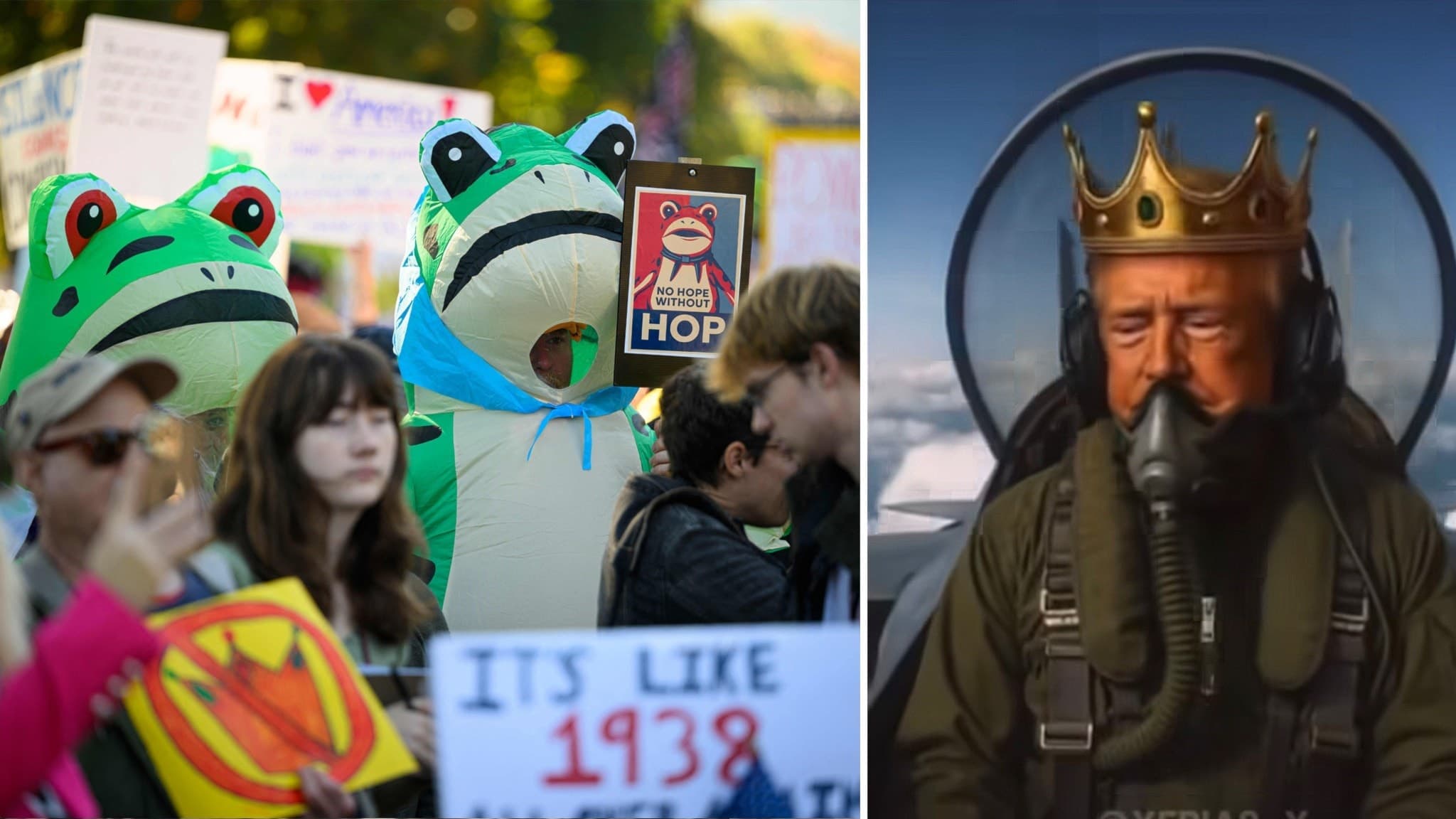 Två personer klädda i grodkostymer håller upp skyltar vid en demonstration. Till höger syns en person i pilotdräkt med kungakrona, sittandes mot en himmelsbakgrund.