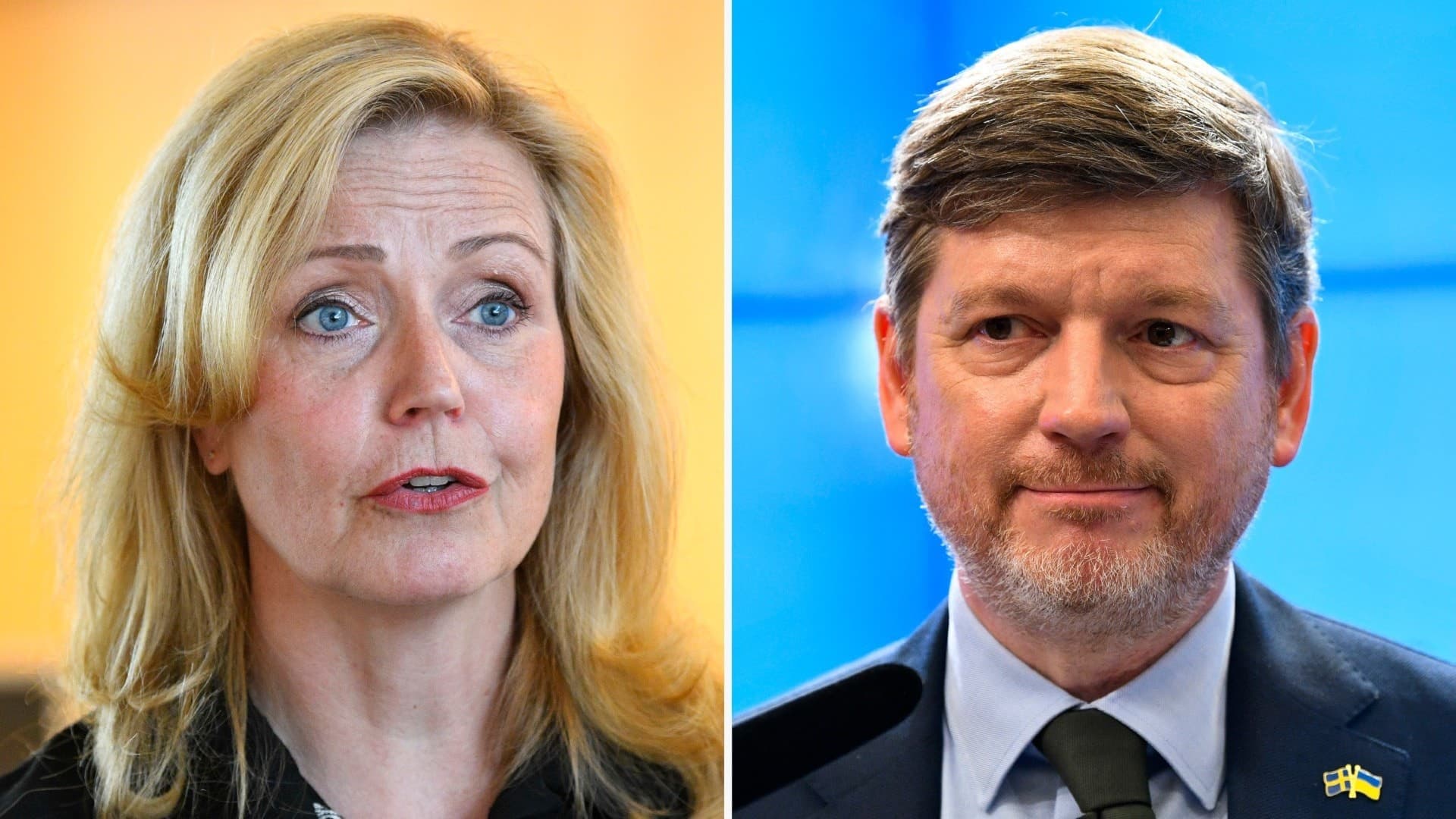 Bildmontage med två personer: till vänster en kvinna med blont hår mot en gul bakgrund, och till höger en man med kort brunt hår i kostym mot en blå bakgrund. Ansikten är suddade.