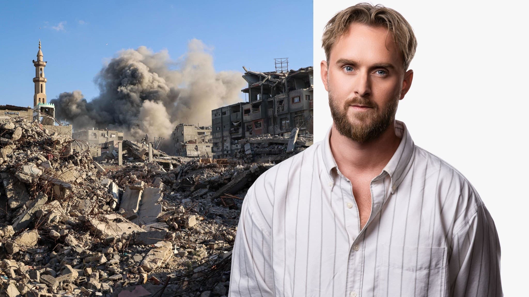 Till vänster: Rök efter israelisk attack mot en byggnad i centrala Gazaremsan den 19 oktober 2025. Till höger: Korrespondent Love Lyssarides.